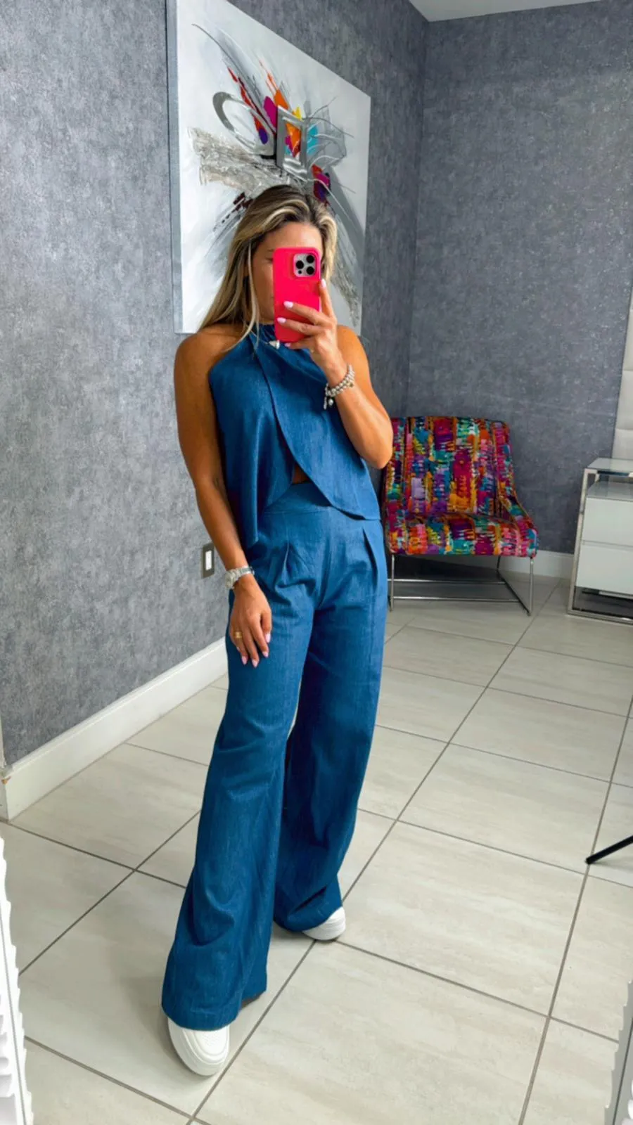 1342 Ashanti denim halter top and flowy pants set