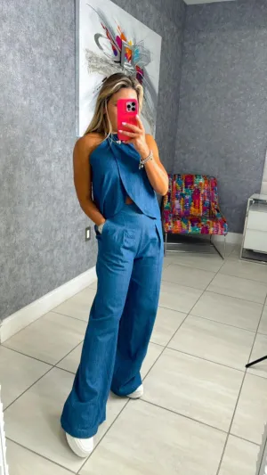 1342 Ashanti denim halter top and flowy pants set