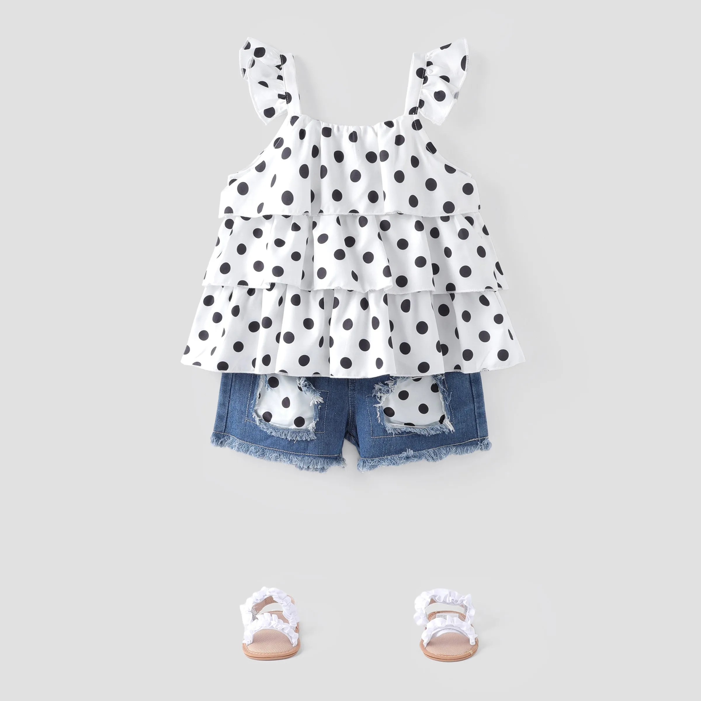 2pcs Baby Girl Polka Dots Layered Ruffled Tank Top and Raw Hem Ripped Denim Shorts Set