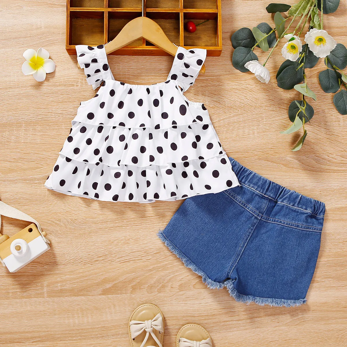 2pcs Baby Girl Polka Dots Layered Ruffled Tank Top and Raw Hem Ripped Denim Shorts Set