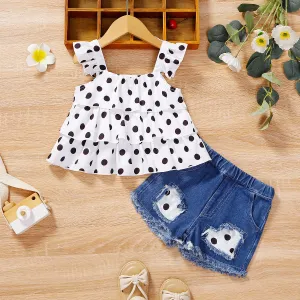 2pcs Baby Girl Polka Dots Layered Ruffled Tank Top and Raw Hem Ripped Denim Shorts Set