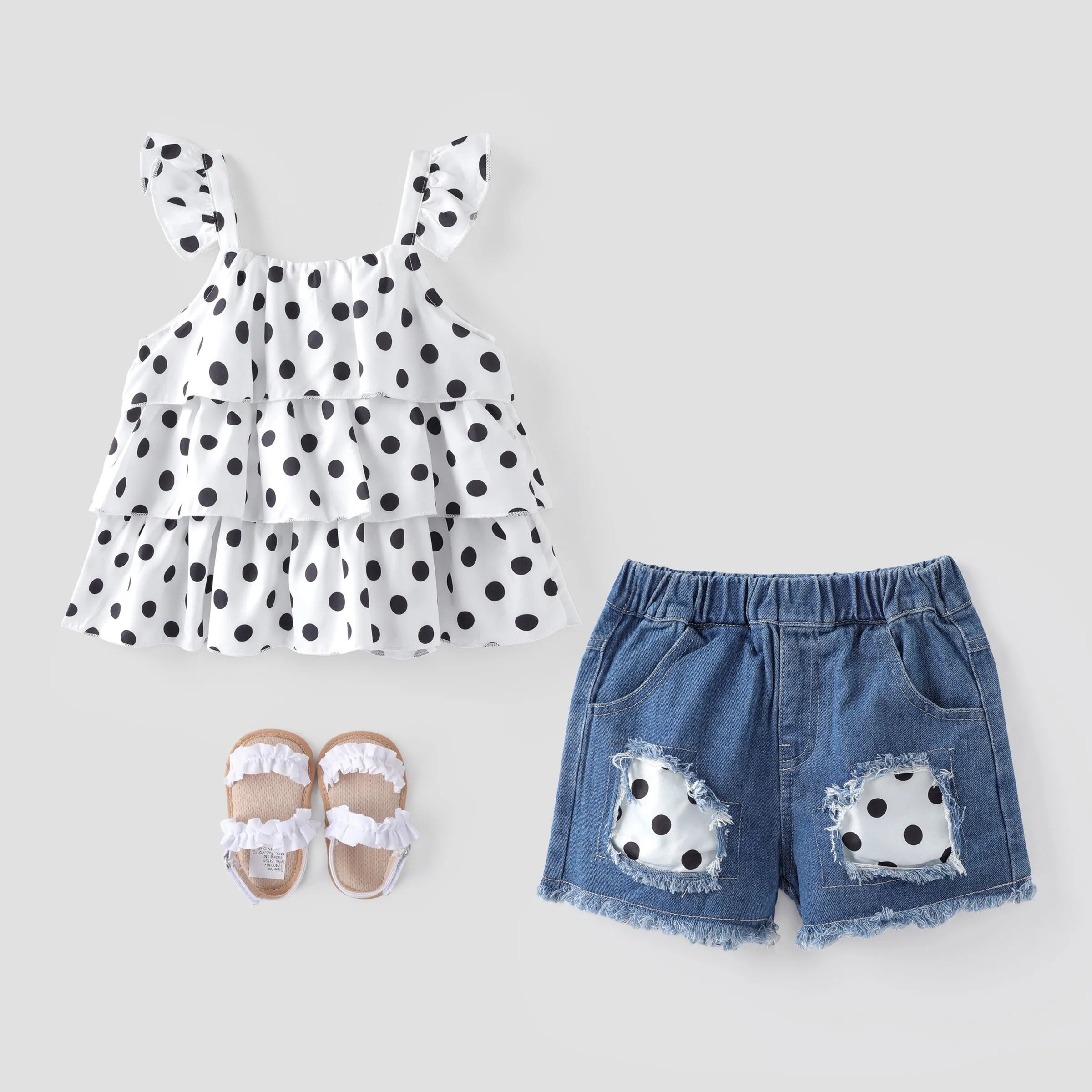 2pcs Baby Girl Polka Dots Layered Ruffled Tank Top and Raw Hem Ripped Denim Shorts Set