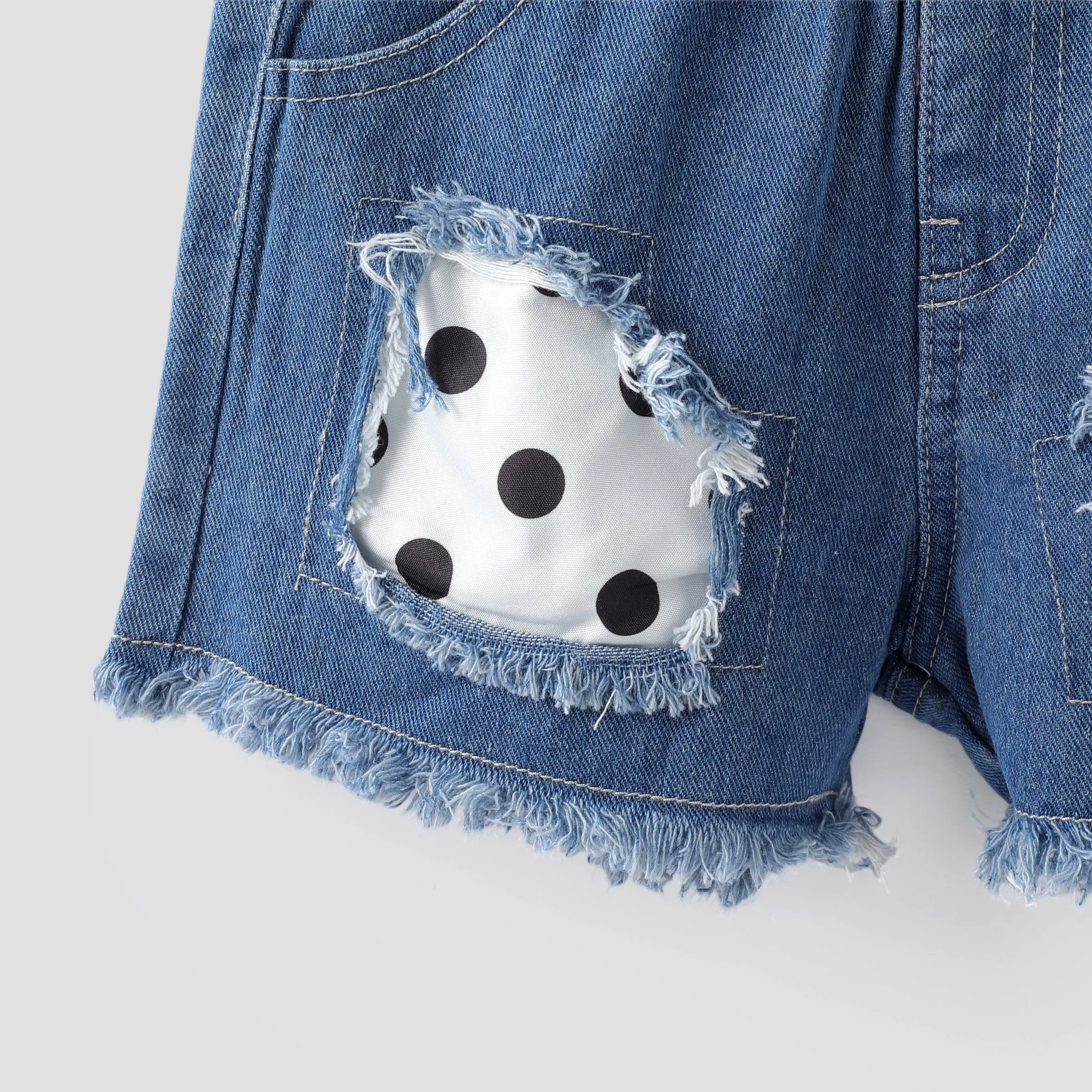 2pcs Baby Girl Polka Dots Layered Ruffled Tank Top and Raw Hem Ripped Denim Shorts Set