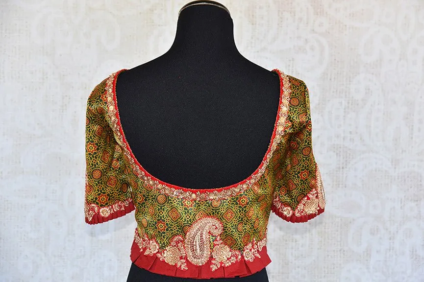 402213 Designer Printed Green Pre Stitched Embroidered Silk Blouse