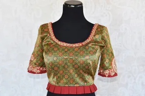 402213 Designer Printed Green Pre Stitched Embroidered Silk Blouse