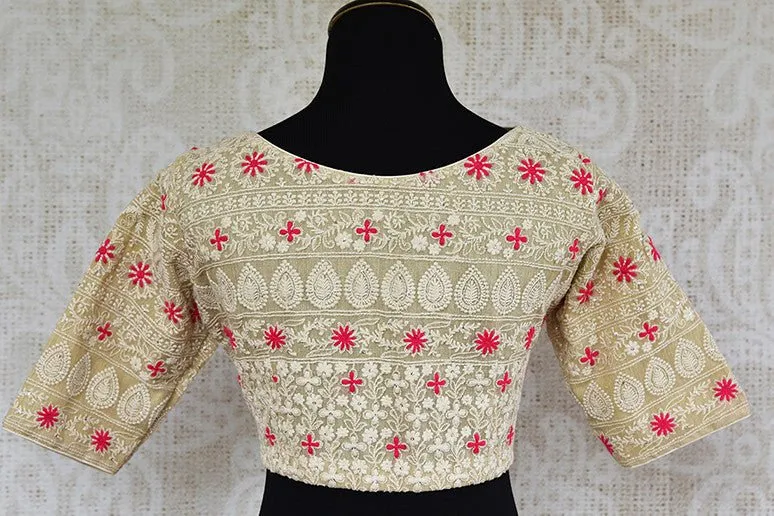 402258 Off White Lucknowi Embroidered Pre Stitched Designer Blouse
