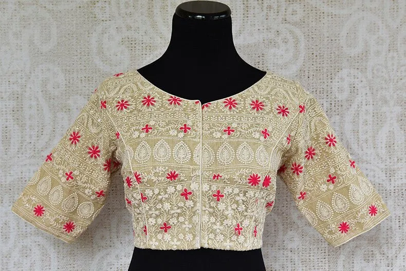 402258 Off White Lucknowi Embroidered Pre Stitched Designer Blouse
