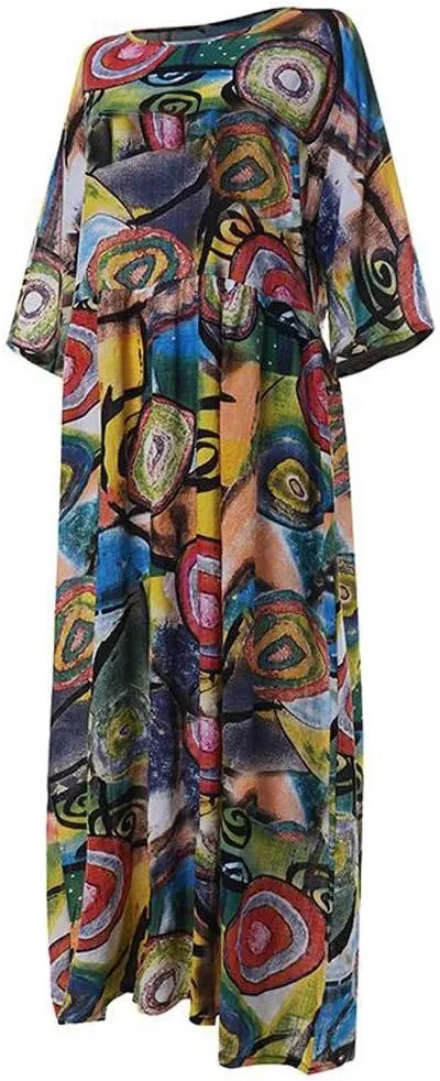 aihihe Womens Loose Long Casual Plus Size Dress 3/4 Sleeve Pocket Print Kaftan Beach Maxi Long Dress