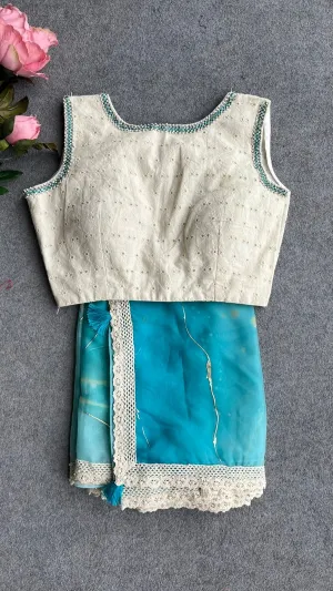 Aqua blue soft organza saree with handwork blouse