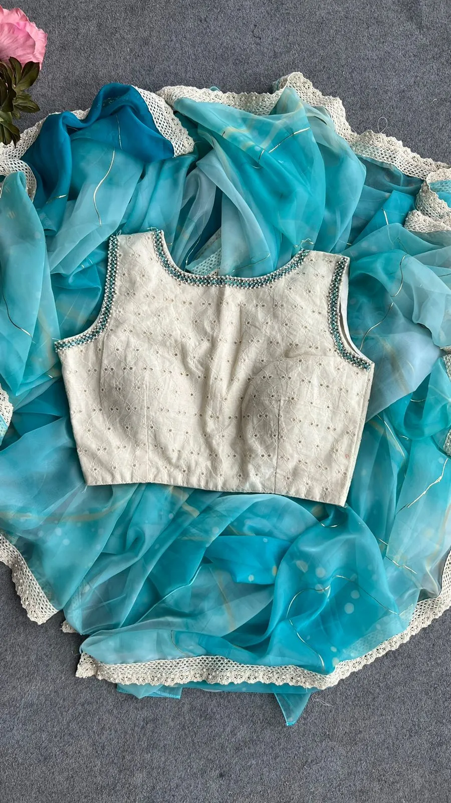 Aqua blue soft organza saree with handwork blouse