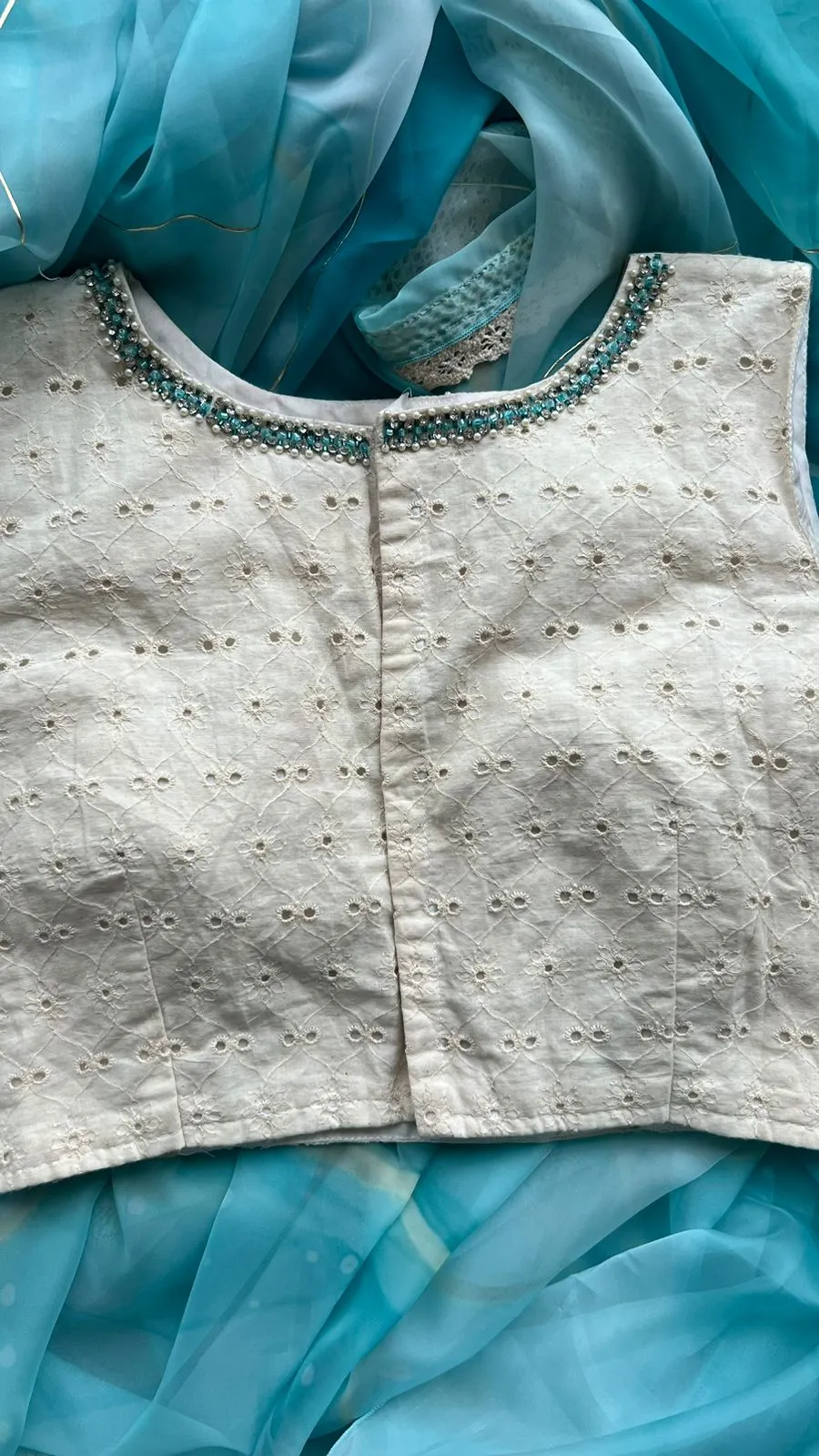 Aqua blue soft organza saree with handwork blouse