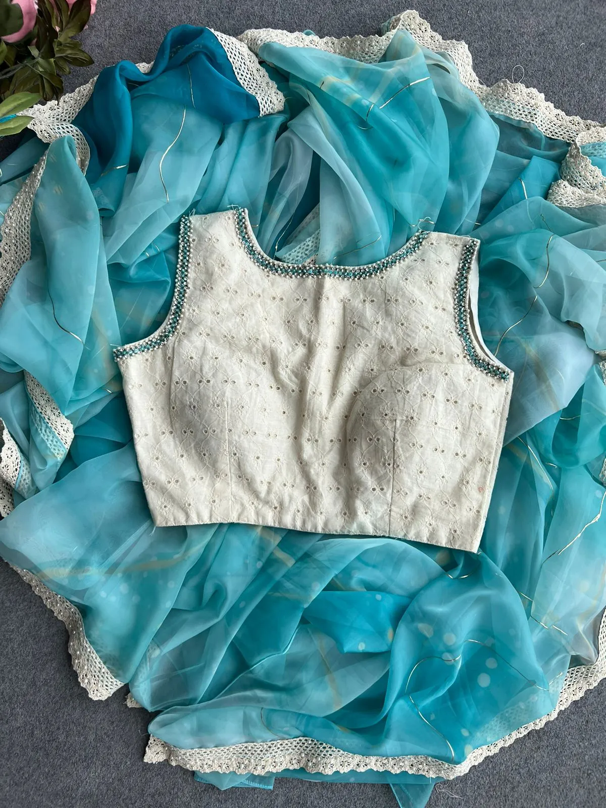 Aqua blue soft organza saree with handwork blouse