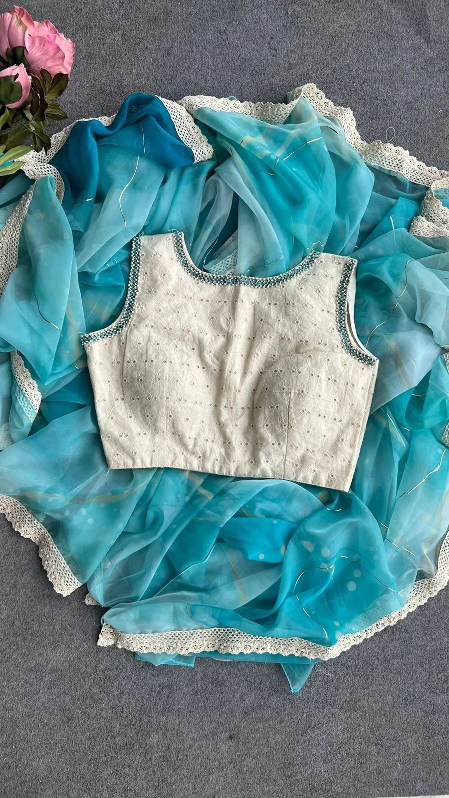 Aqua blue soft organza saree with handwork blouse