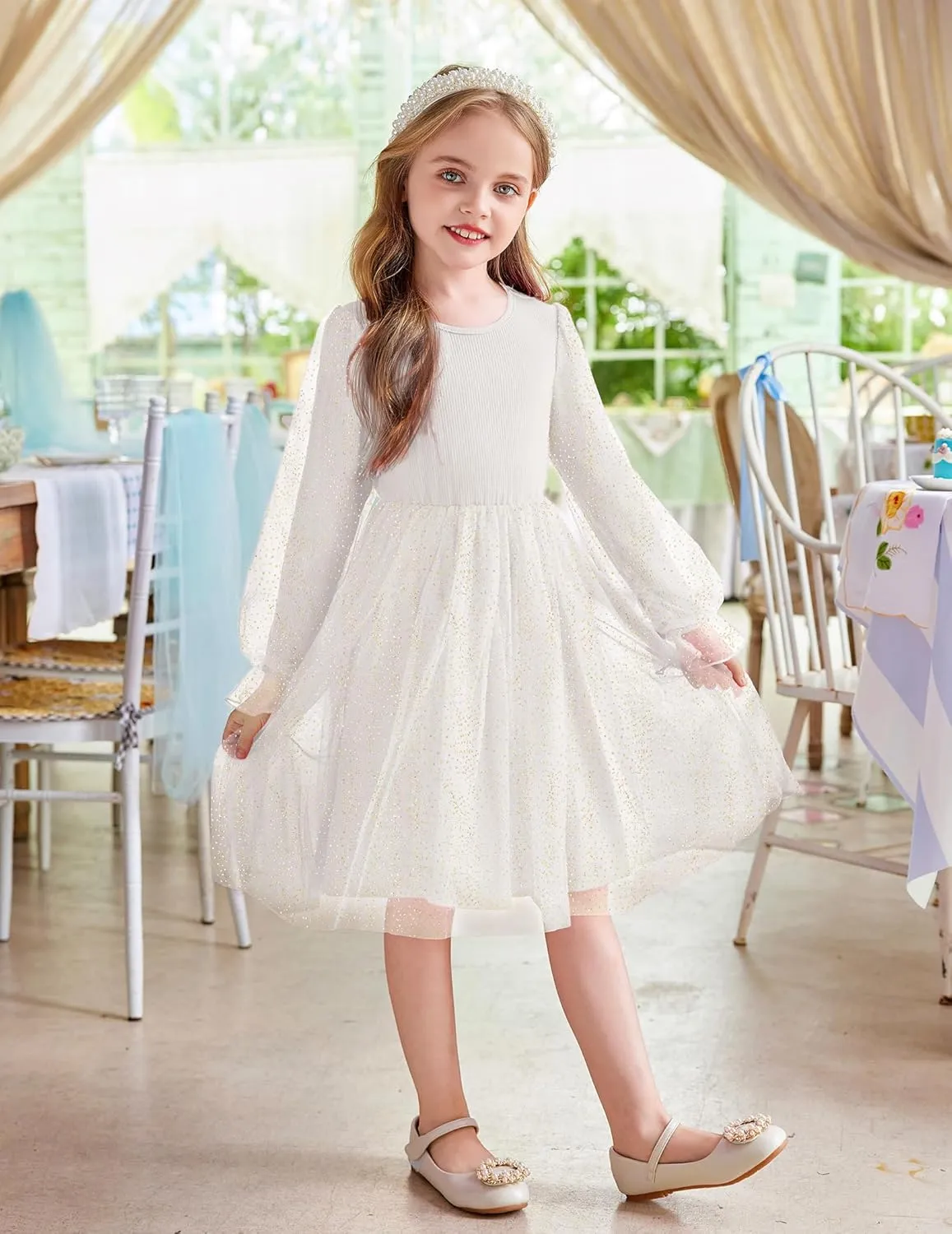 Arshiner Toddler Girls Dresses Long Sleeve Sequin Tulle Dress Party Tutu Dress