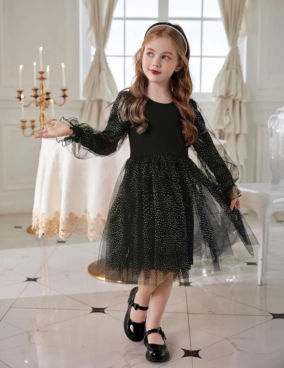 Arshiner Toddler Girls Dresses Long Sleeve Sequin Tulle Dress Party Tutu Dress