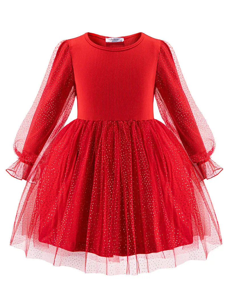Arshiner Toddler Girls Dresses Long Sleeve Sequin Tulle Dress Party Tutu Dress