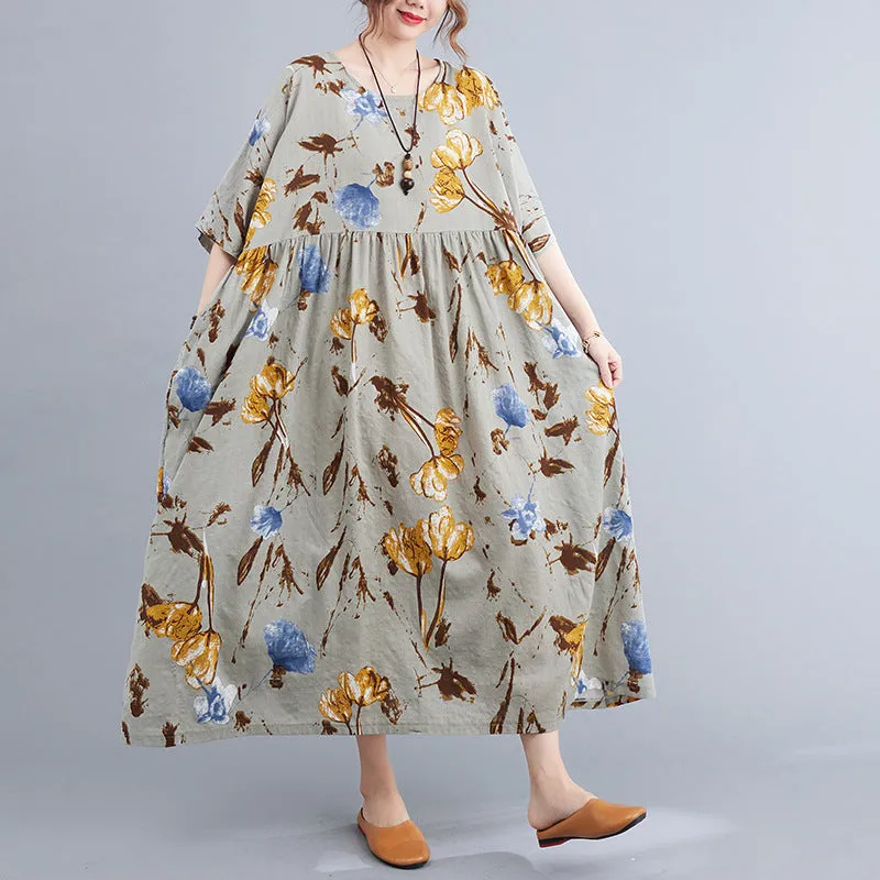Artsy Loose-fit Cotton and Linen Printed Dress