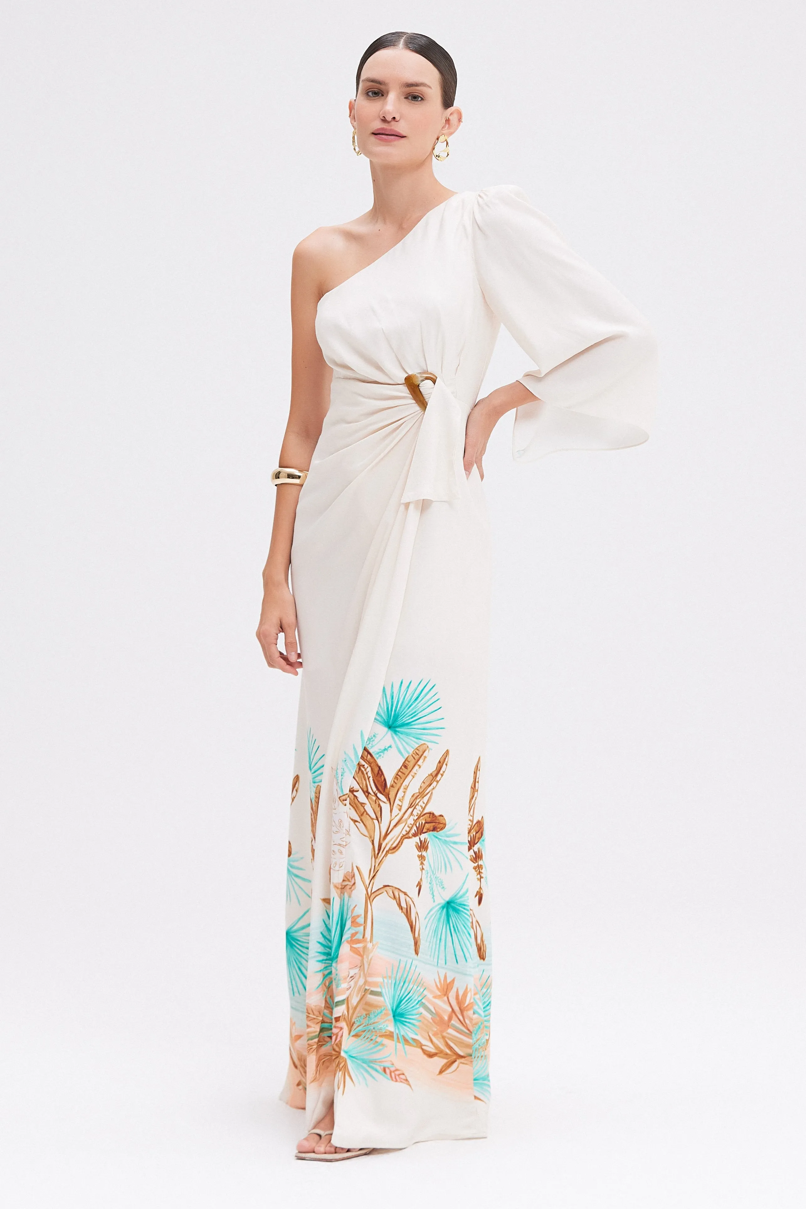BANANEIRA TROPICAL ONE SHOULDER MAXI DRESS