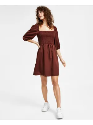 BAR III DRESSES Womens Brown Smocked Pullover 3/4 Sleeve Square Neck Short Fit   Flare Dress