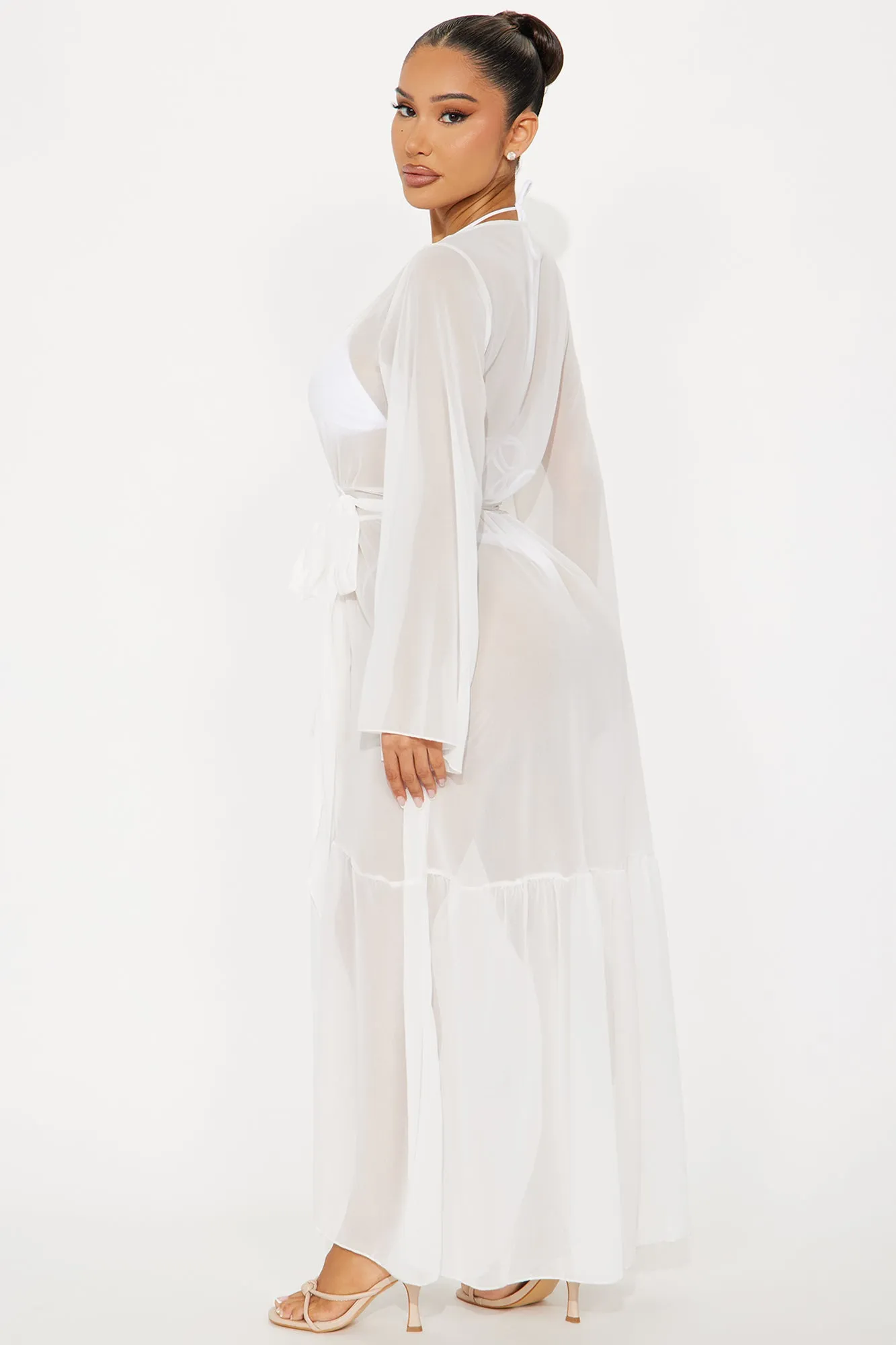 Beach Vacation Ruffle Cover Up Maxi Kimono - White