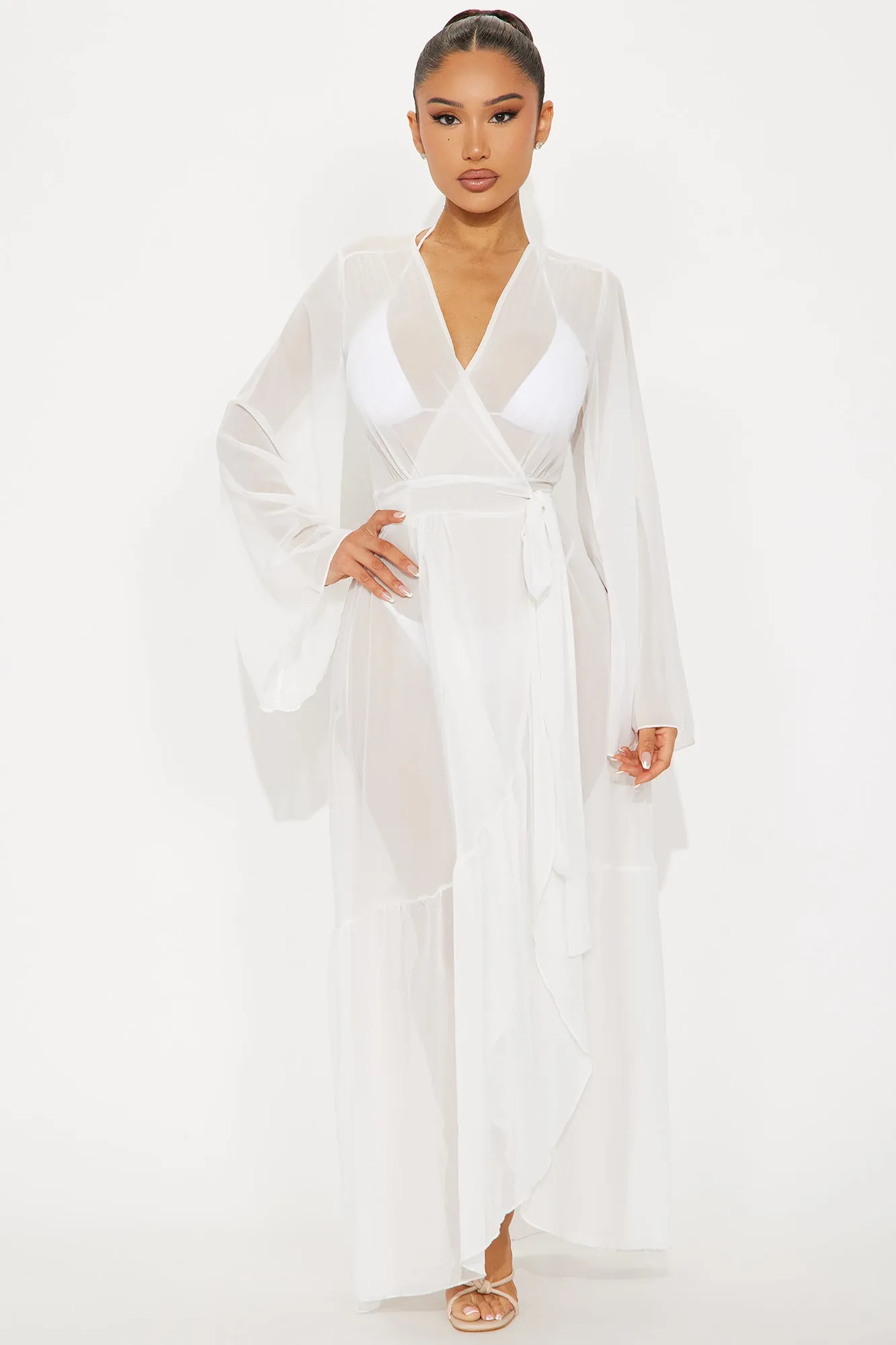 Beach Vacation Ruffle Cover Up Maxi Kimono - White