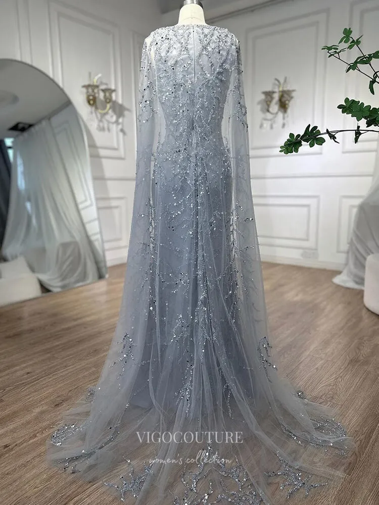 Beaded Lace Cape Sleeve Prom Dresses Sheath Boat Neck Pageant Dress 24513