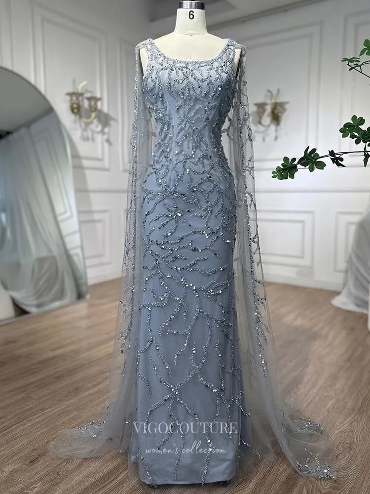 Beaded Lace Cape Sleeve Prom Dresses Sheath Boat Neck Pageant Dress 24513