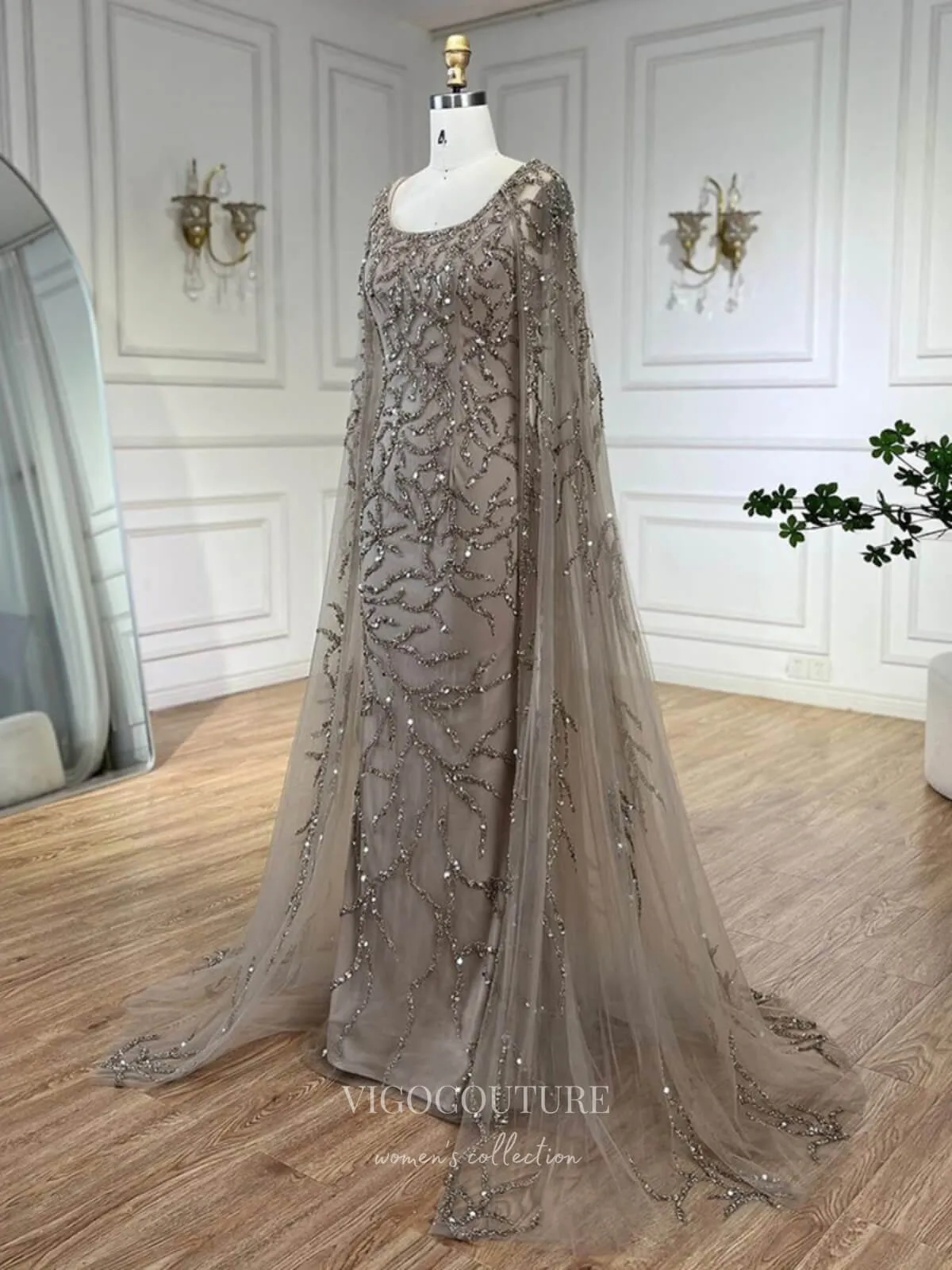 Beaded Lace Cape Sleeve Prom Dresses Sheath Boat Neck Pageant Dress 24513