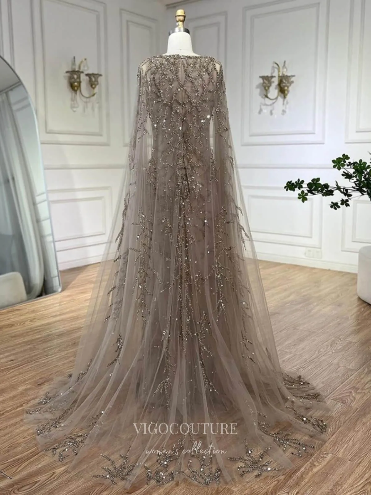 Beaded Lace Cape Sleeve Prom Dresses Sheath Boat Neck Pageant Dress 24513