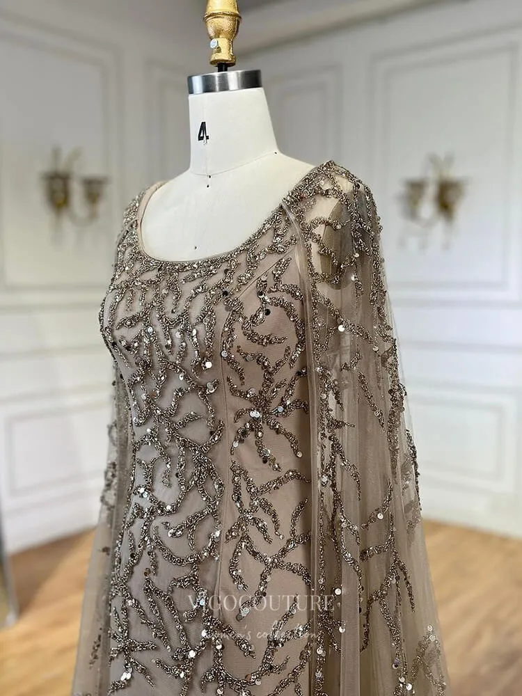 Beaded Lace Cape Sleeve Prom Dresses Sheath Boat Neck Pageant Dress 24513