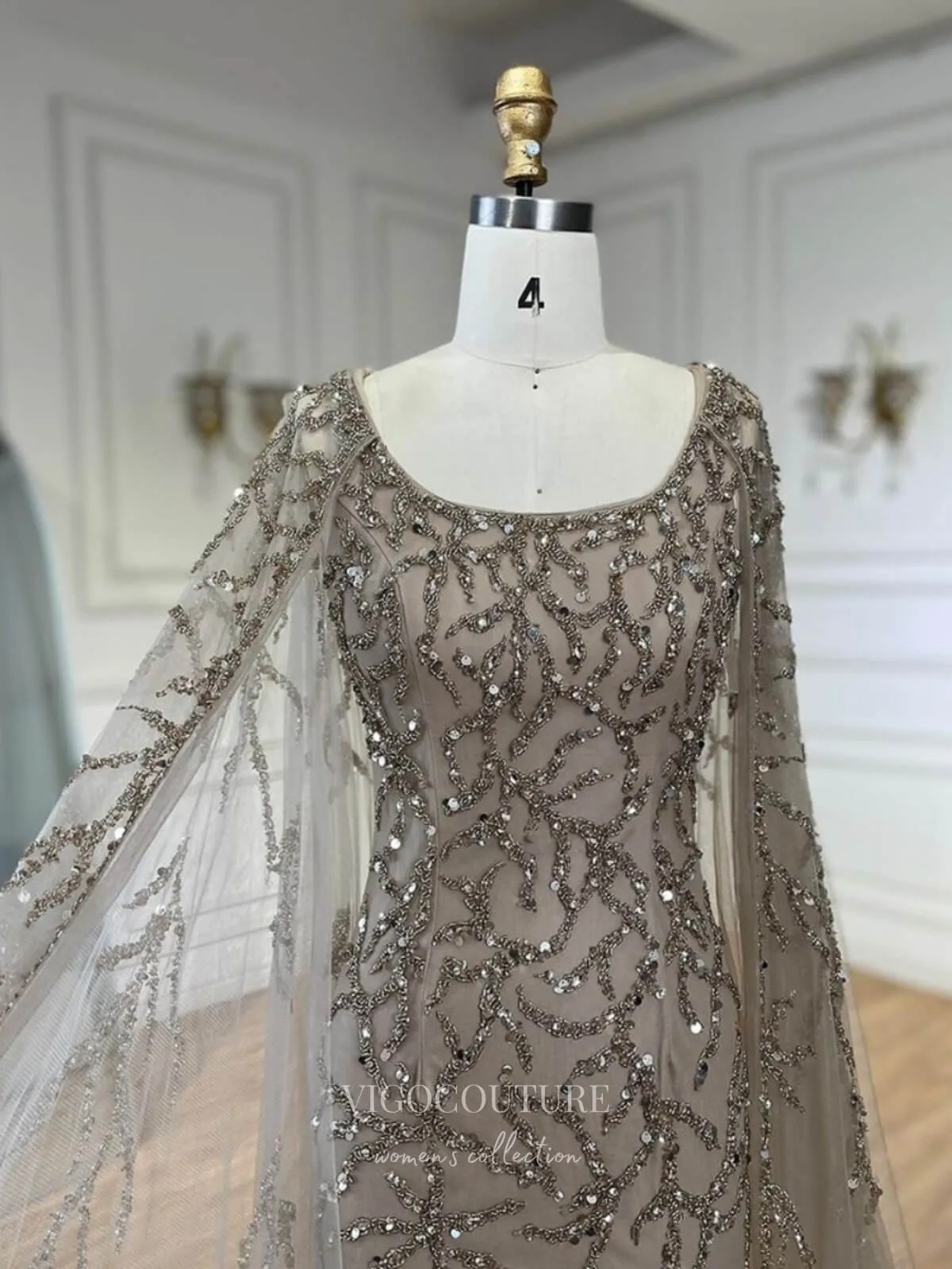 Beaded Lace Cape Sleeve Prom Dresses Sheath Boat Neck Pageant Dress 24513