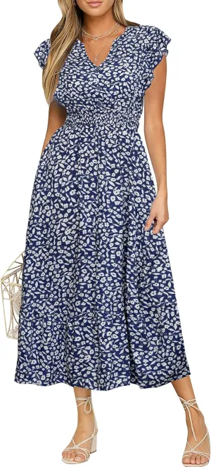 BerryGo Womens Summer Floral Maxi Dress Casual Boho V Neck Ruffle Short Sleeve Beach Long Dresses with Pockets