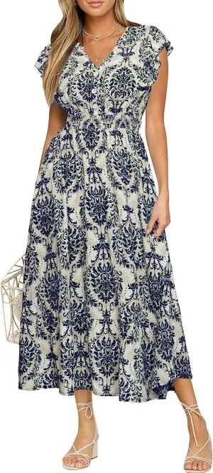 BerryGo Womens Summer Floral Maxi Dress Casual Boho V Neck Ruffle Short Sleeve Beach Long Dresses with Pockets