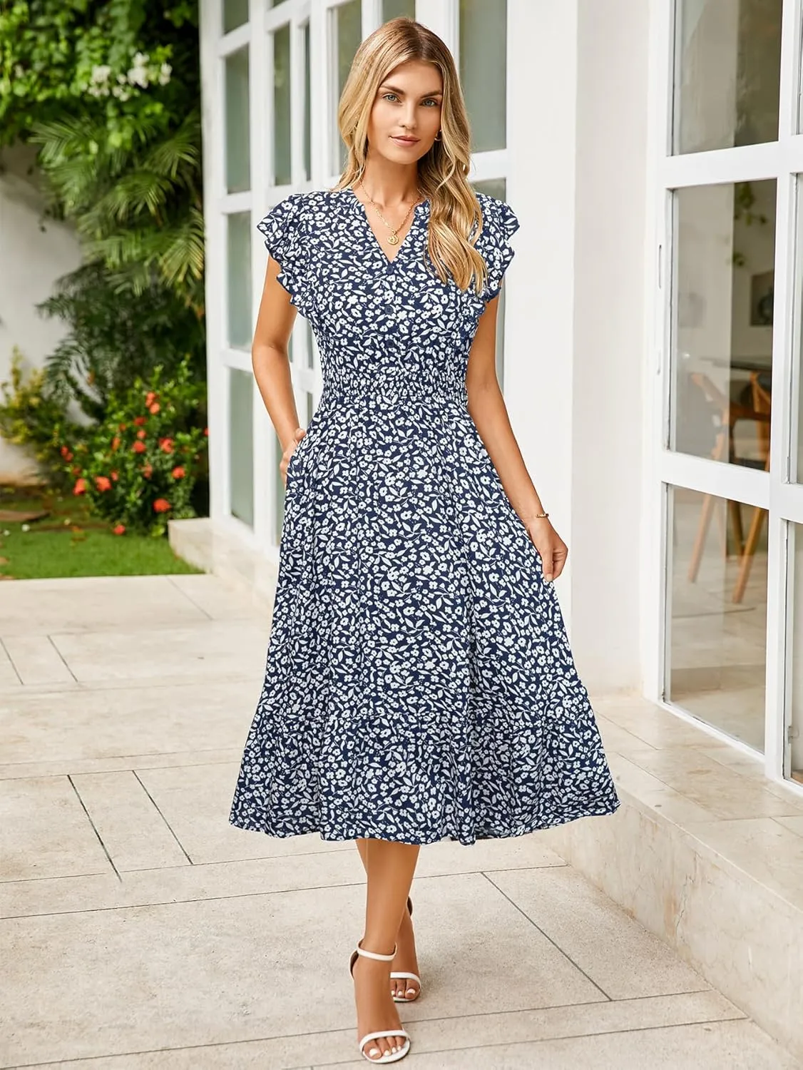 BerryGo Womens Summer Floral Maxi Dress Casual Boho V Neck Ruffle Short Sleeve Beach Long Dresses with Pockets