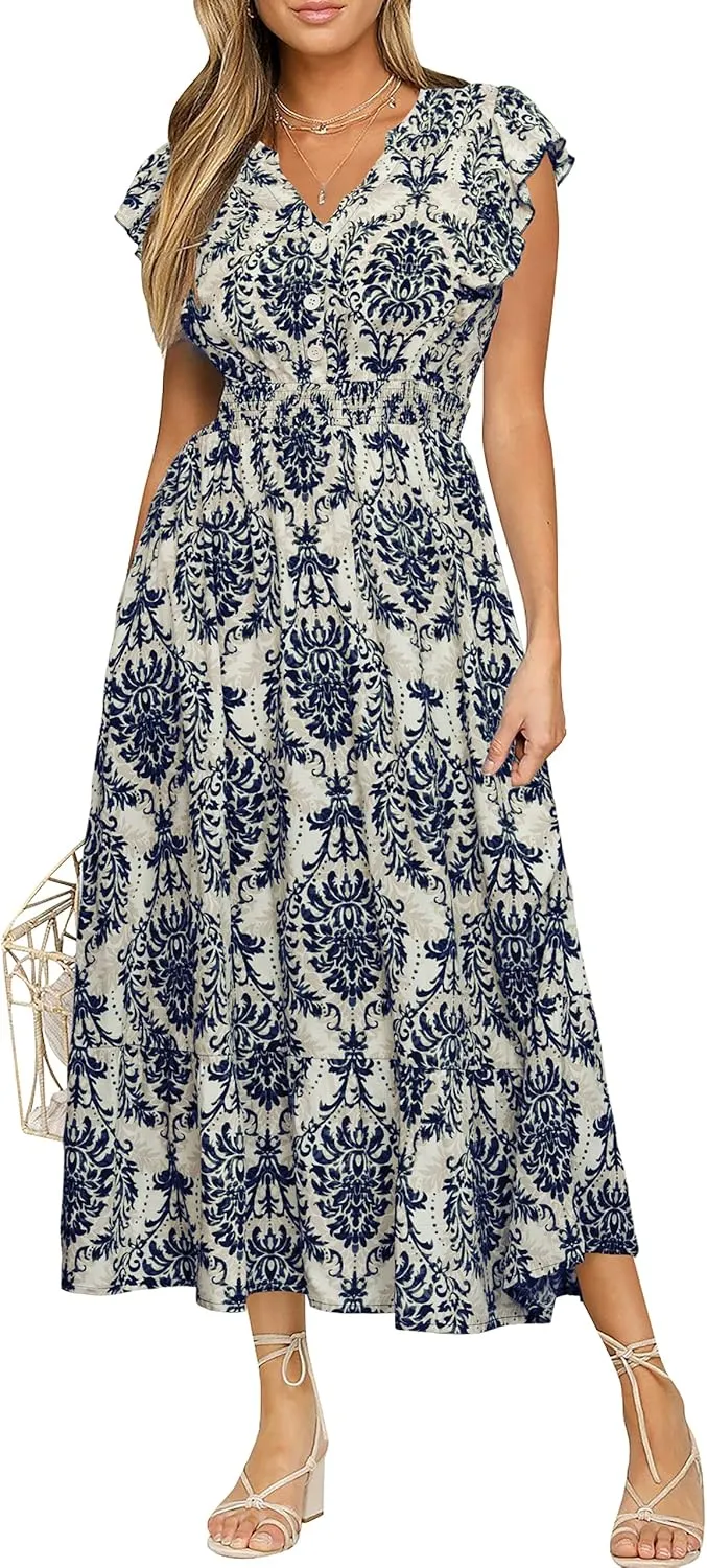 BerryGo Womens Summer Floral Maxi Dress Casual Boho V Neck Ruffle Short Sleeve Beach Long Dresses with Pockets