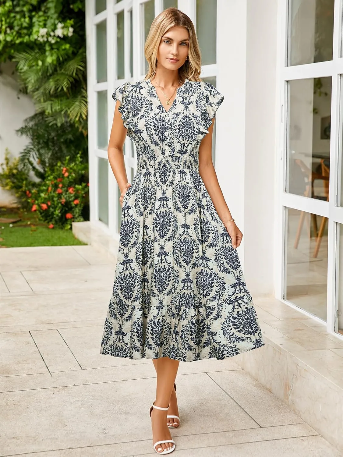 BerryGo Womens Summer Floral Maxi Dress Casual Boho V Neck Ruffle Short Sleeve Beach Long Dresses with Pockets