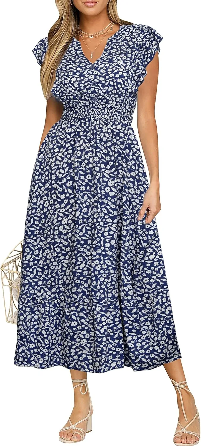 BerryGo Womens Summer Floral Maxi Dress Casual Boho V Neck Ruffle Short Sleeve Beach Long Dresses with Pockets