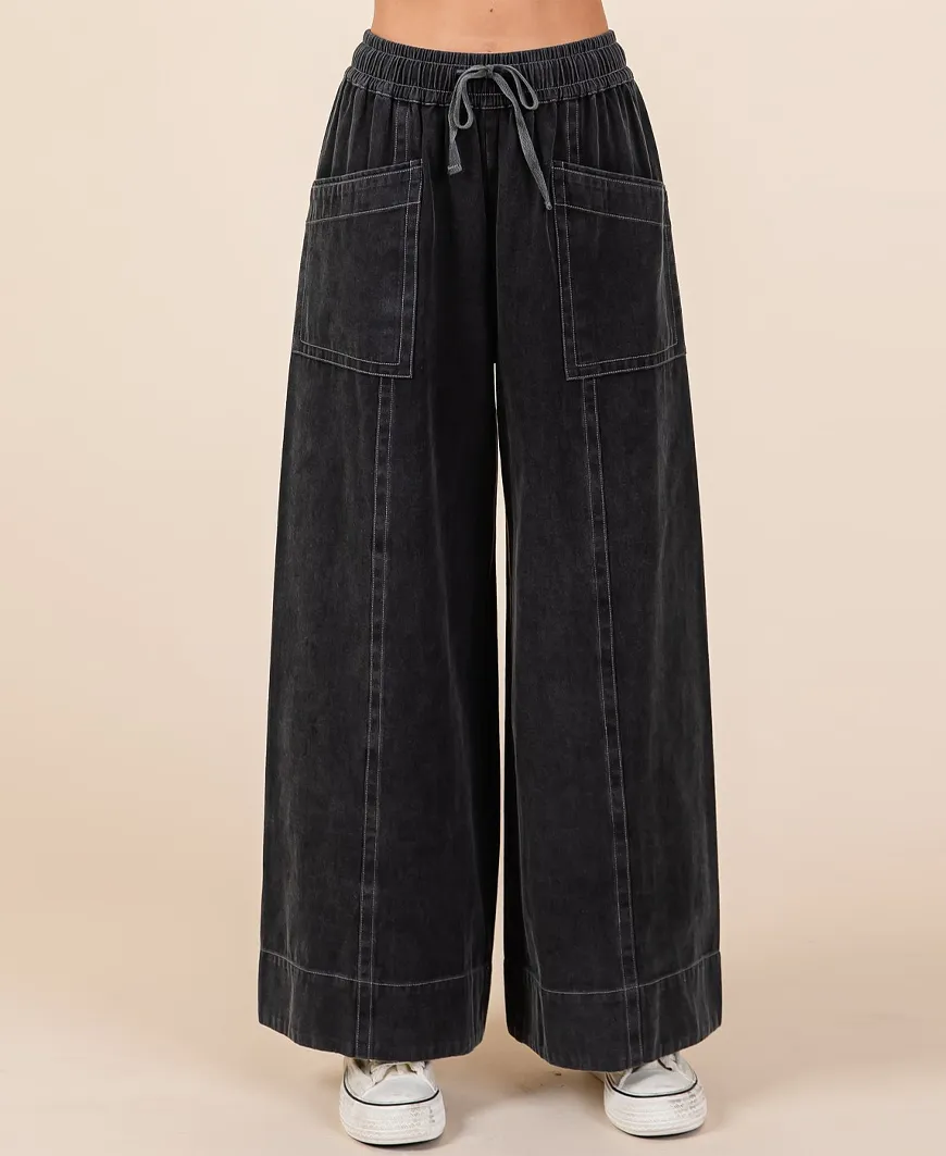 Black Mineral Wash Wide Leg Pants