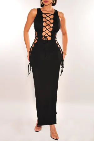 Black Sleeveless Lace Up Sides Double Slit Maxi Dress