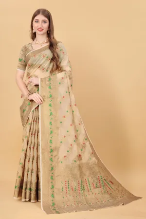 Blissful Beige Linen Silk With Stylish Blouse Piece