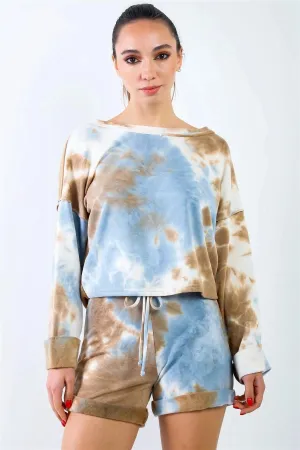 Blue & Mocha Tie-Dye Inside Out Wrap Open Back Sweatshirt & High Waist Shorts Set /1-2