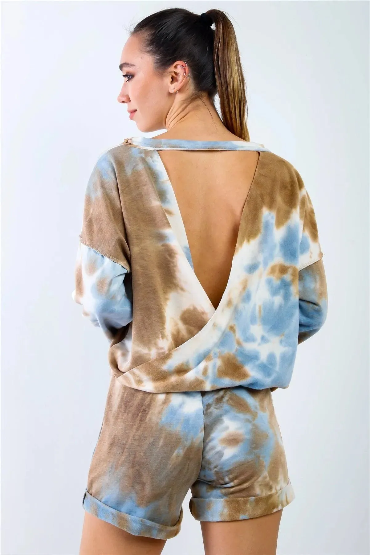Blue & Mocha Tie-Dye Inside Out Wrap Open Back Sweatshirt & High Waist Shorts Set /1-2