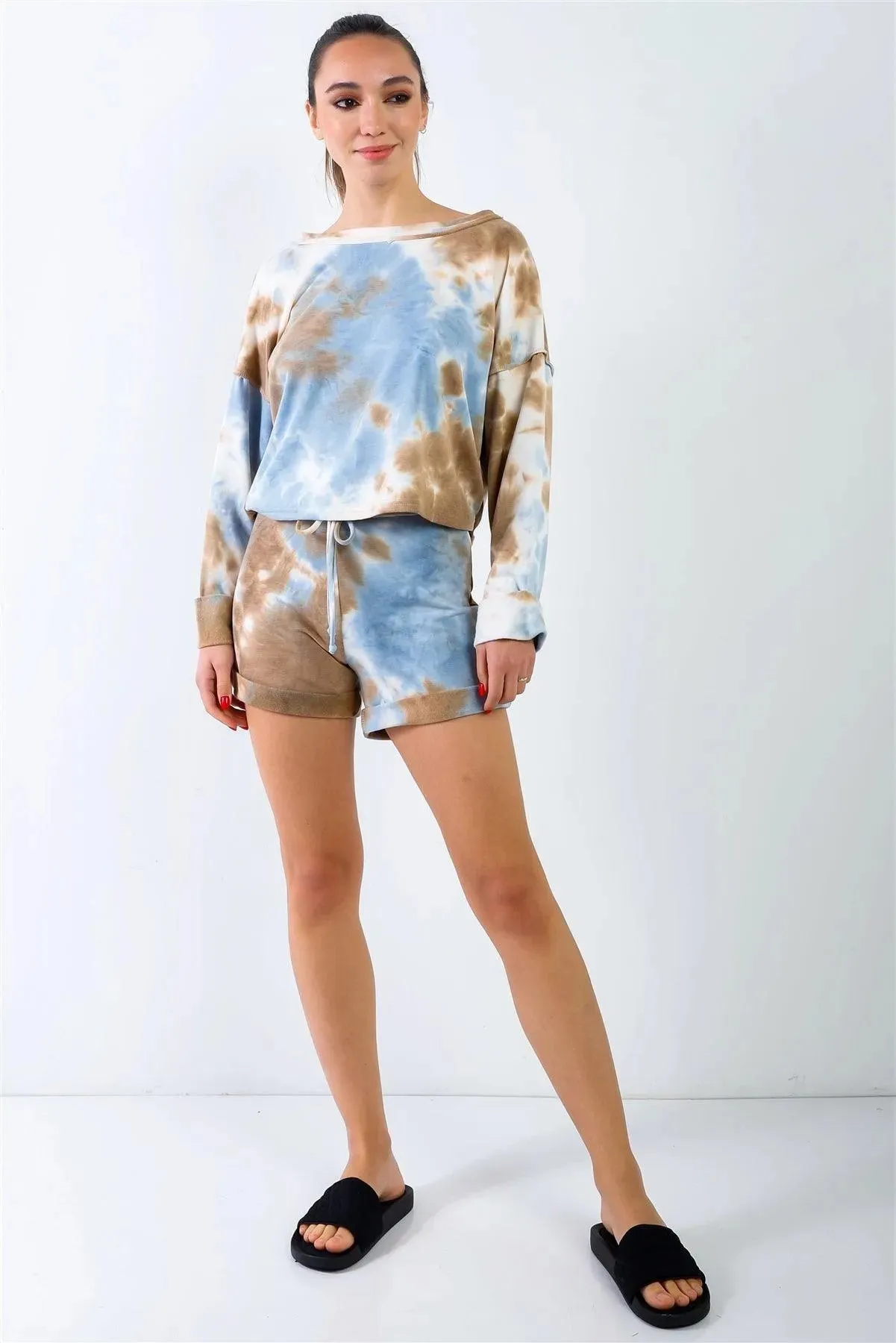 Blue & Mocha Tie-Dye Inside Out Wrap Open Back Sweatshirt & High Waist Shorts Set /1-2