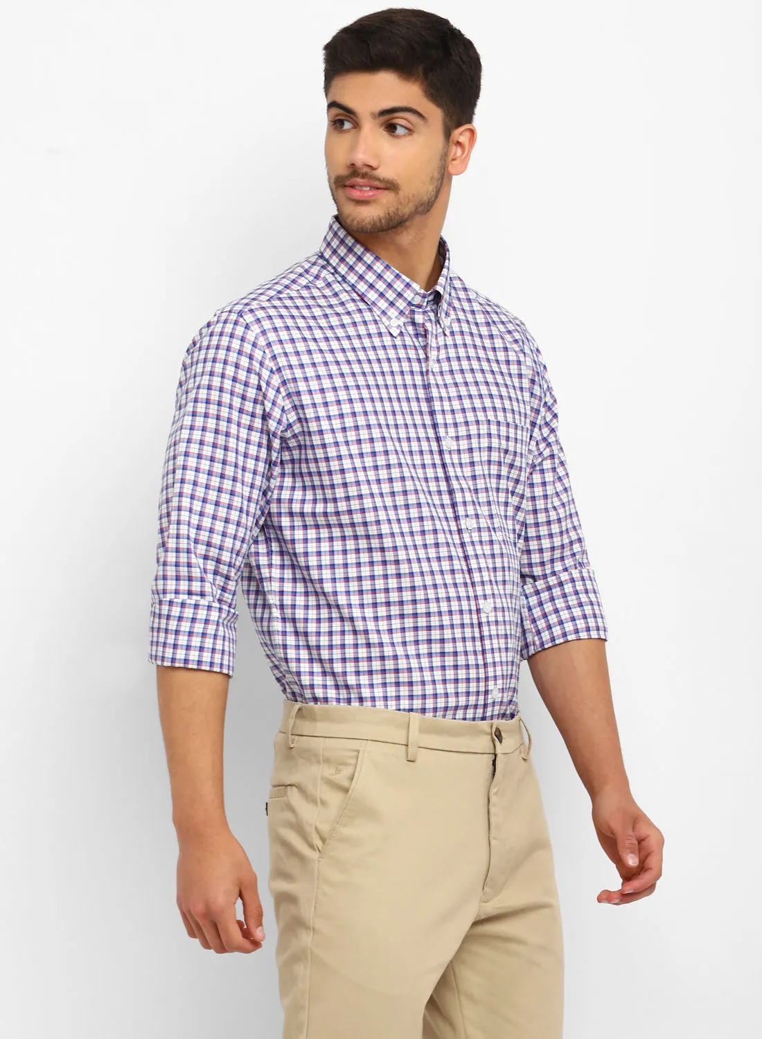 Blue Cotton Check Button Down Casual Shirt