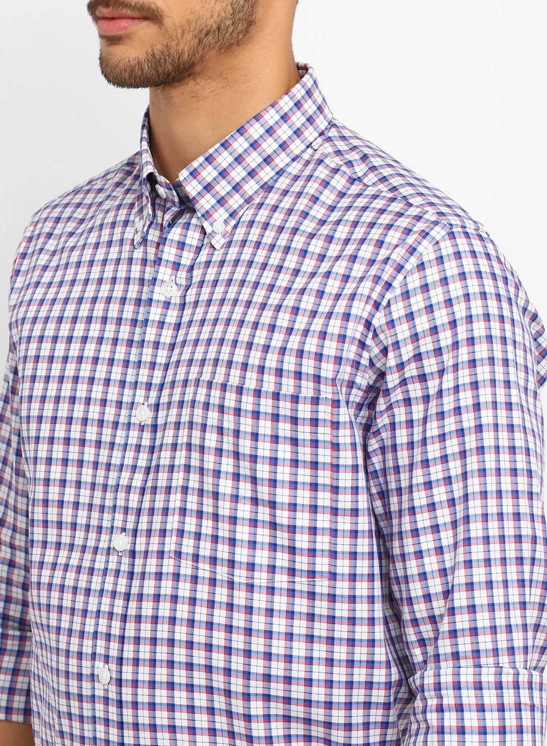 Blue Cotton Check Button Down Casual Shirt
