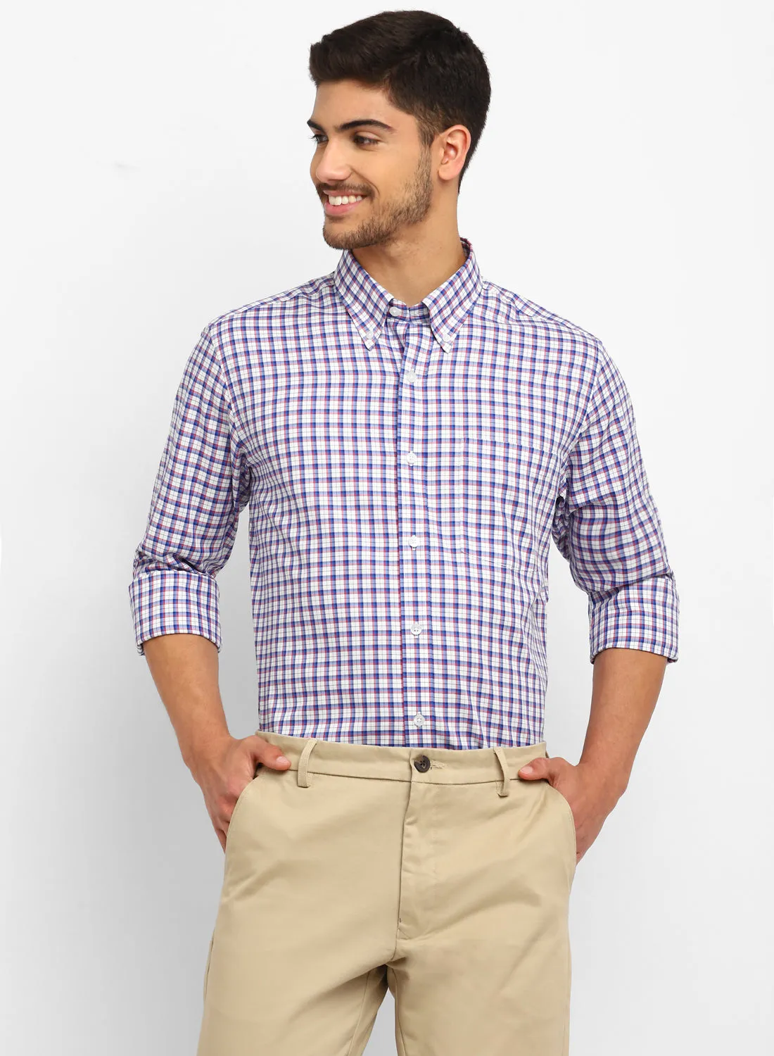 Blue Cotton Check Button Down Casual Shirt