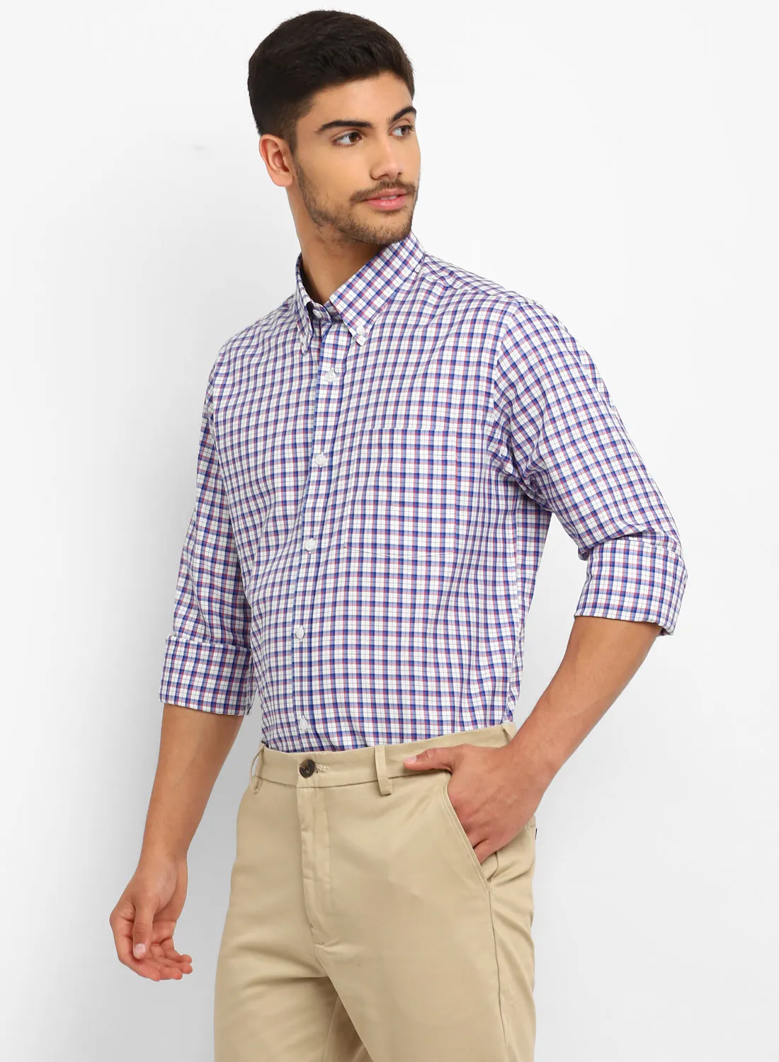 Blue Cotton Check Button Down Casual Shirt
