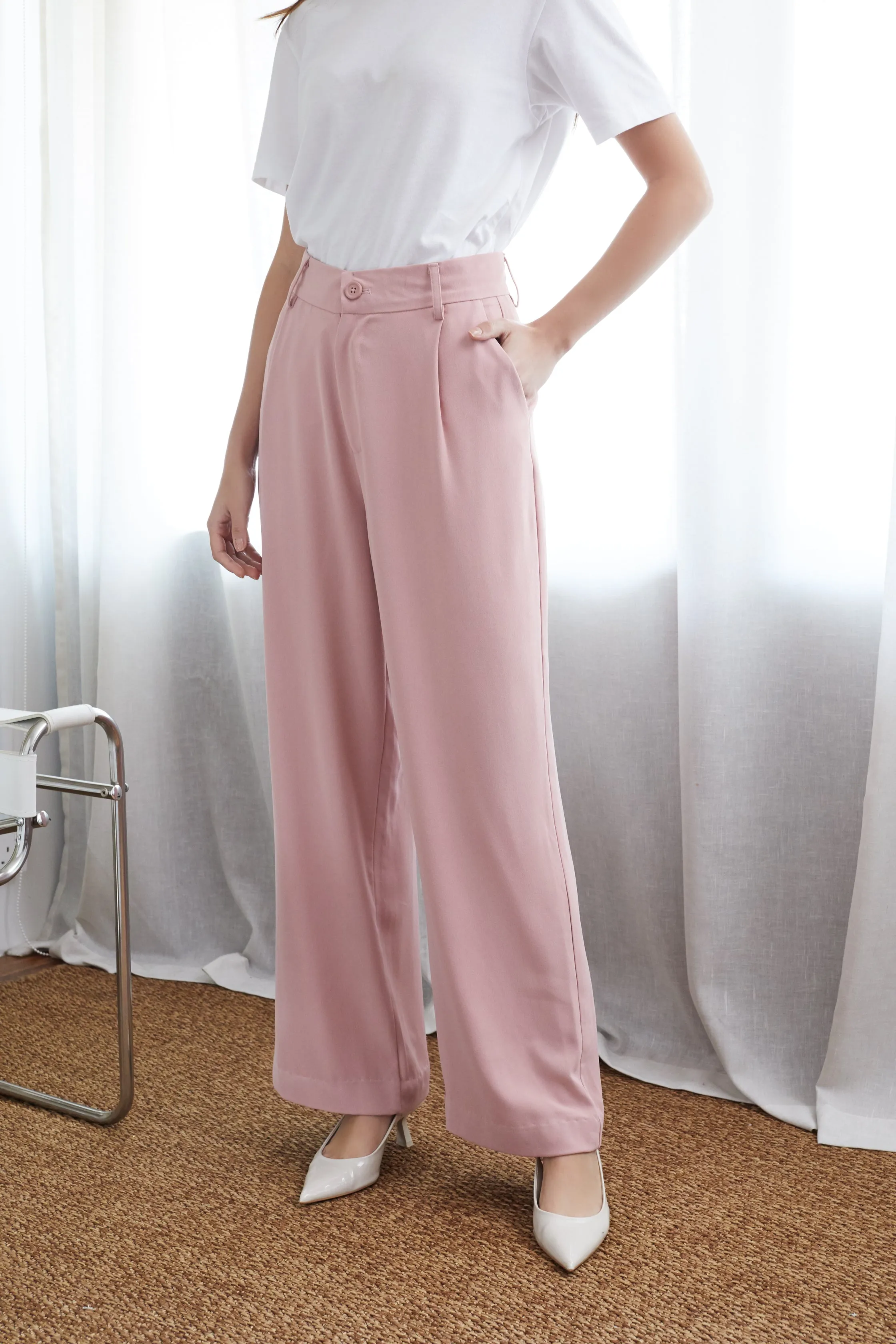 Blush Pink Straight Fit Darted Pants
