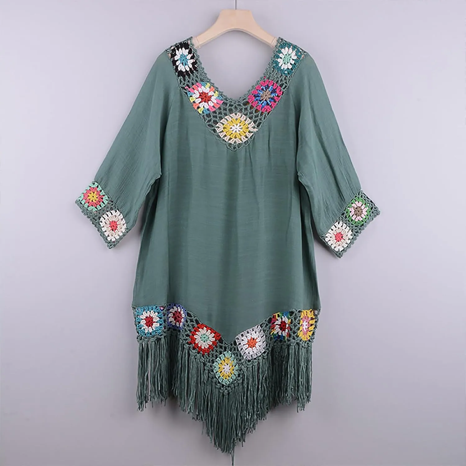 Bohemian Summer Dress for Women Boho Short Dress Floral Short Sleeve Sundress Casual Loose Tassel Beach Dress Swimwear Tunic