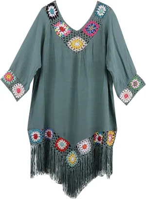 Bohemian Summer Dress for Women Boho Short Dress Floral Short Sleeve Sundress Casual Loose Tassel Beach Dress Swimwear Tunic